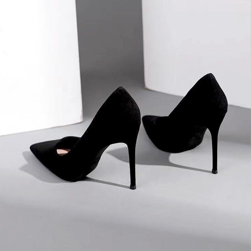 High Heels Women's 2024 Spring & Fall New Style Black Stiletto Pointed Toe Shallow Mouth Suede Professional Shoes Export Large Size Ceremonial Shoes