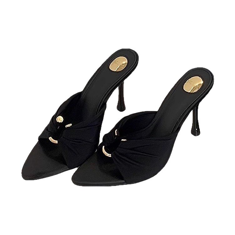 High Heels for Women 2025 Summer New Style Pleated Metal Buckle Elegant Pointed Toe Open Toe Sandals Sexy Stiletto Slippers