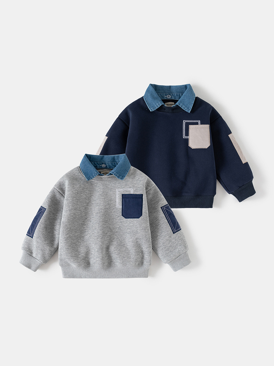 Children's Fake Two-Piece Sweatshirt 2025 Autumn and Winter New Korean Style Kidsren's Clothing Boys' Velvet Jacket Baby Tops Trendy Wholesale