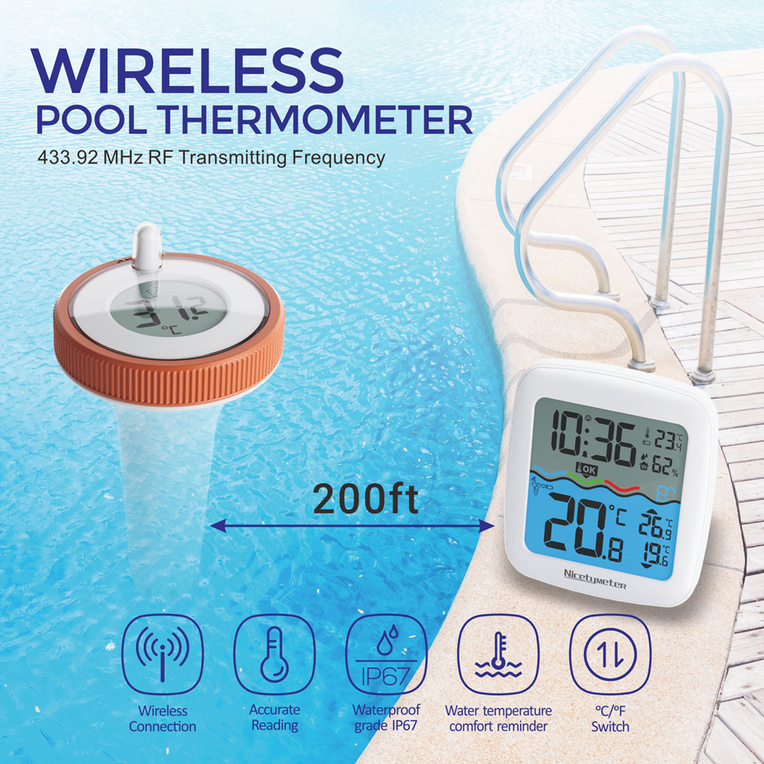 Wireless pool thermometer | HD display floating water design multi-scene real-time monitoring of water temperature