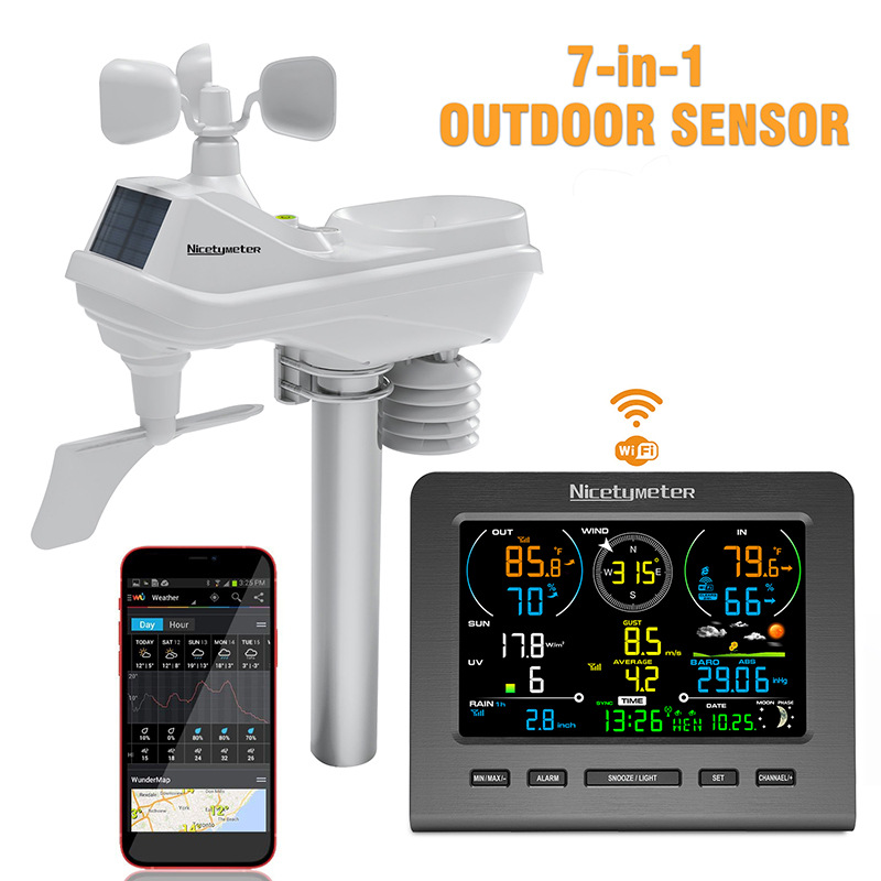 Intelligent Weather Station | 7-in-1 Functions + Temperature and Humidity/Wind Speed/Rainfall Monitoring, Wifi Remote Outdoor Forecast