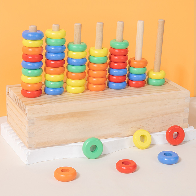 Wooden Colorful Ring Set Column Color Classification Sorting Cognitive Hand-Eye Coordination Fun Jenga Educational Toy