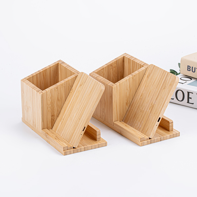 Cross-Border Hot-Selling Gift Customized Bamboo Pen Holder Wireless Charger Desktop Office Business Card Holder Wireless Charger