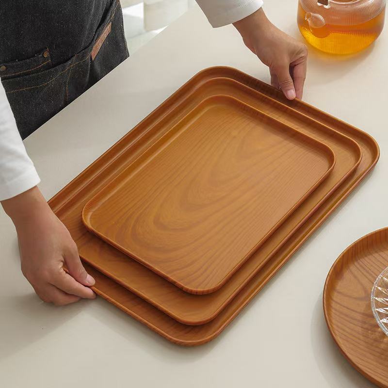 Imitation Wood Grain Tray Rectangular Plastic Tea Tray Dinner Plate Household Water Cup Storage Plate Coffee Shop Bread Wooden Plate