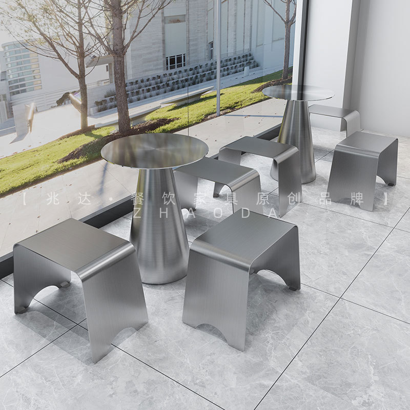 Trendy Milk Tea Shop Dining Table and Chairs, Industrial Style, Simple Stainless Steel Round Table, Light Luxury Bar Counter, Metallic Silver Long Booth Seating