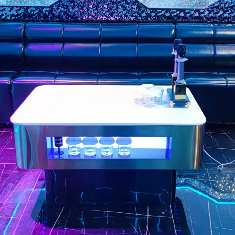 KTV Bar Stainless Steel Card Seat Luminous Coffee Table Hotel Club Marble Tempered Glass Light Luxury Table
