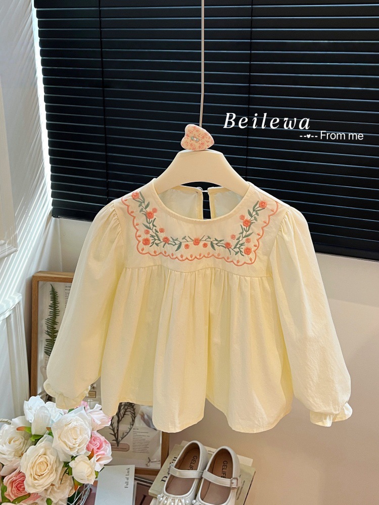 New Girls' Autumn Embroidered Flower Long-Sleeved Shirts for Baby Girls Korean Style Kidsren's Outer Shirts Casual Kidsren's Clothing