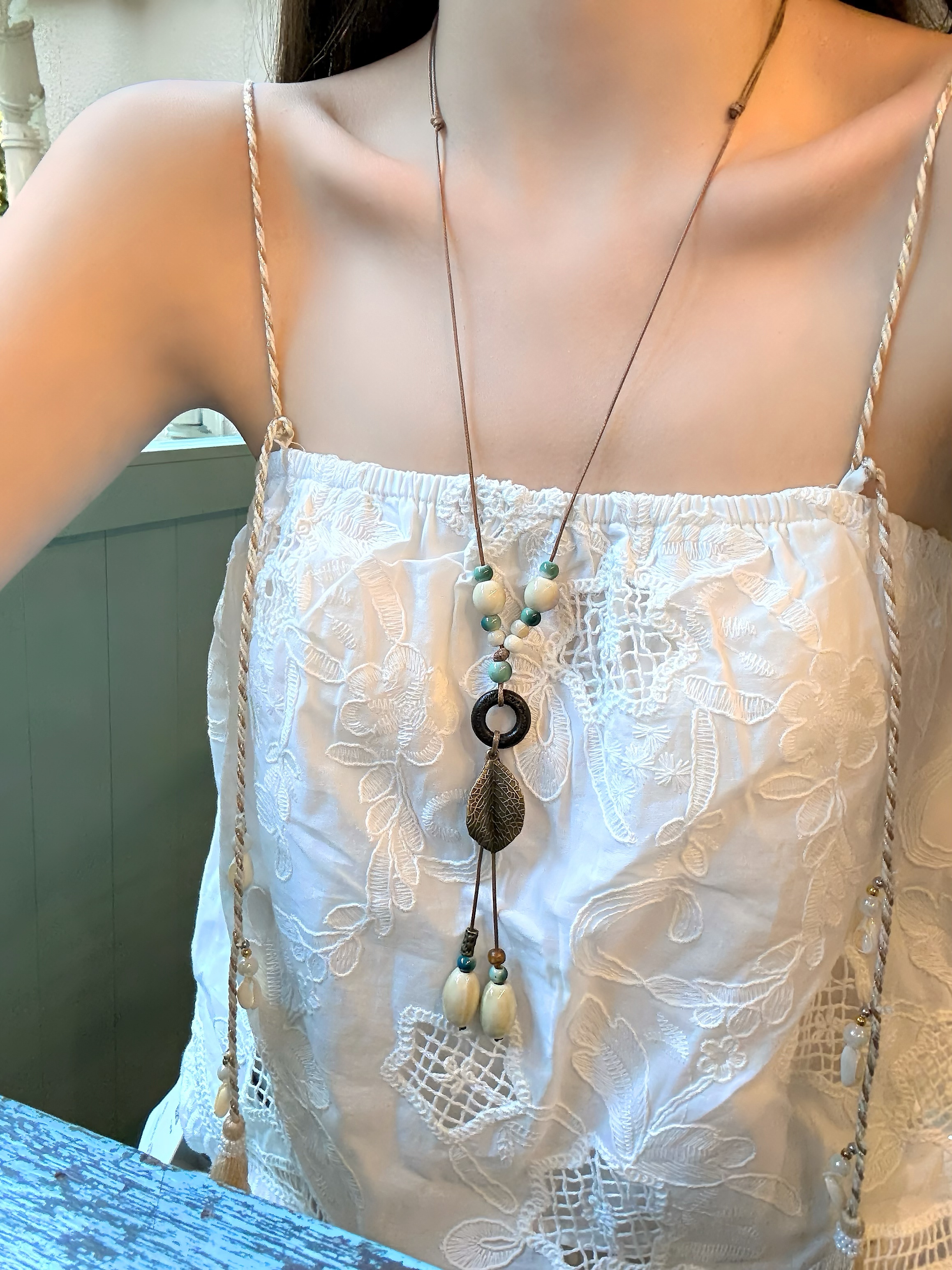 [Peach Tea] Wutong Amber Long Natural Stone Ceramic Pendant Necklace Chinese Ethnic Style Halter Accessory