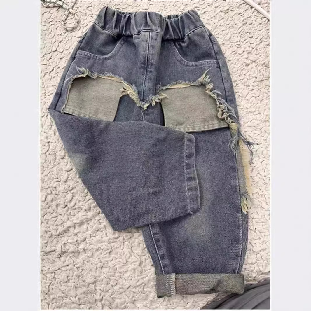 Puppies Handsome Children's Jeans Straight Leg Trousers Japanese-style Loose Ripped Water Washed Boys' Big Kids Niuzi Fried Street Fashion Cool