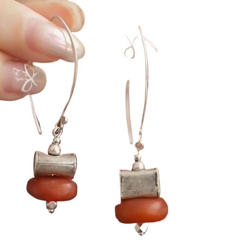 New Chinese-Style Earrings with Small Persimmon Shape, Old Amber Earrings with Silver Square and Round Pillow, Asymmetrical Ear Hooks, Retro