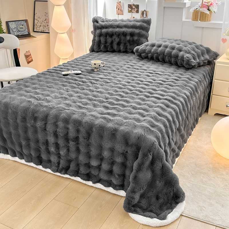 Nantong Home Textile Bed 2025 New Thickened Solid Color Rabbit Fur Plush Bubble Single Bed Sheet Group Buying Wholesale