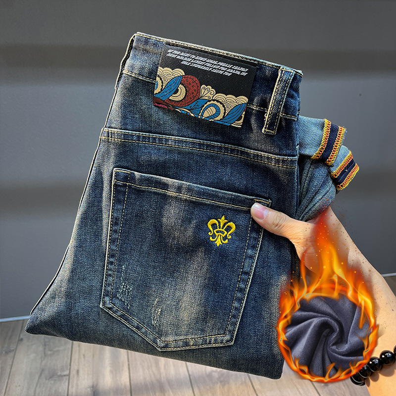 Мужские джинсы с флисовой подкладкой зимней моды 2025 года, простые прямые повседневные теплые длинные брюки