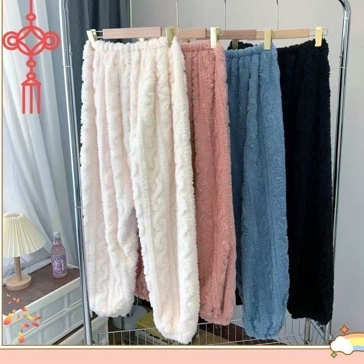 Фланелевые пижамы для женщин из кораллового велюра с утеплением и флисовой подкладкой, теплые жаккардовые домашние брюки, свободные плюшевые брюки для осени и зимы