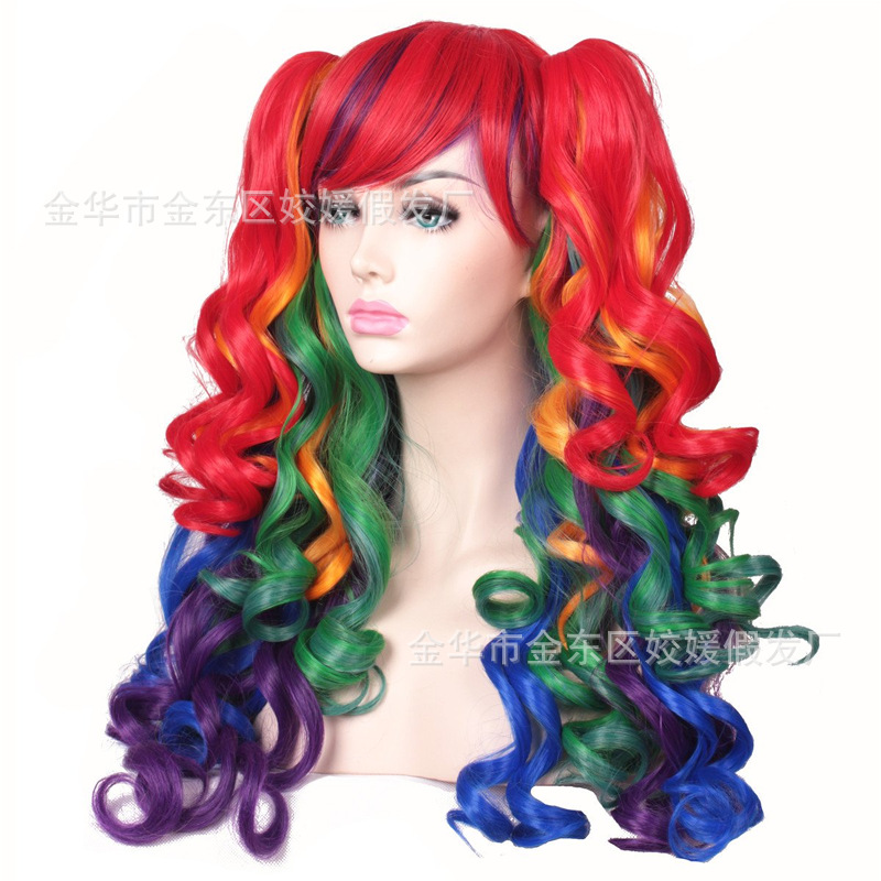 Double Ponytail Tiger Mouth Clip Long Curly Hair Colorful Wig European and American Bangs Loli Big Wave Cosplay Wig for Women