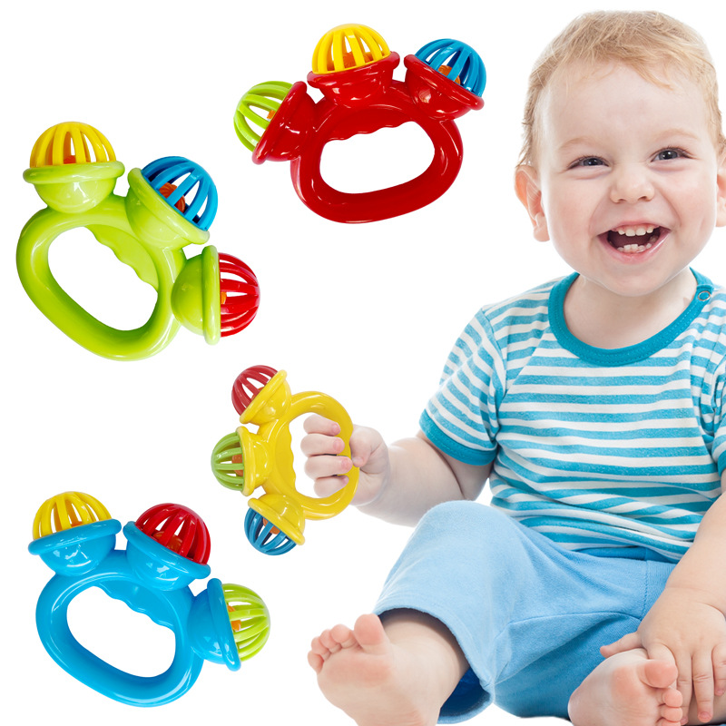 Cross-border hot selling infant pacifying rattle 0-3 years old ring hand shake three bell color baby hand grip rattle