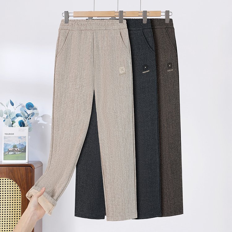 Fleece-Lined Thickened Mom Pants Warm Elastic Waist Straight-Leg Women's Pants Plus Size Middle-Aged and Elderly Loose Casual Long Pants