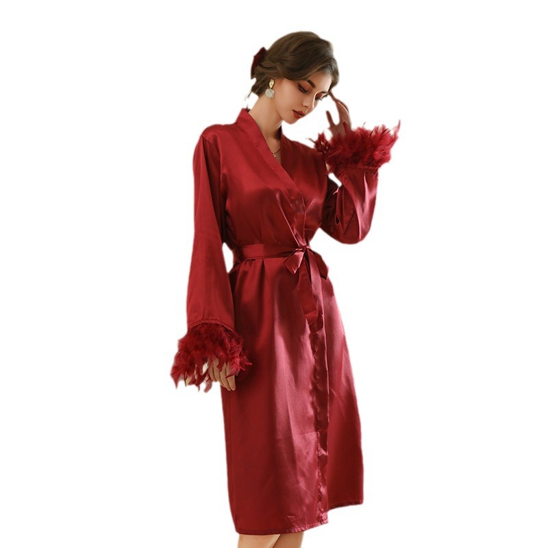 bride morning gown women's feather long nightgown wedding makeup bridesmaid group wedding kimono satin bathrobe