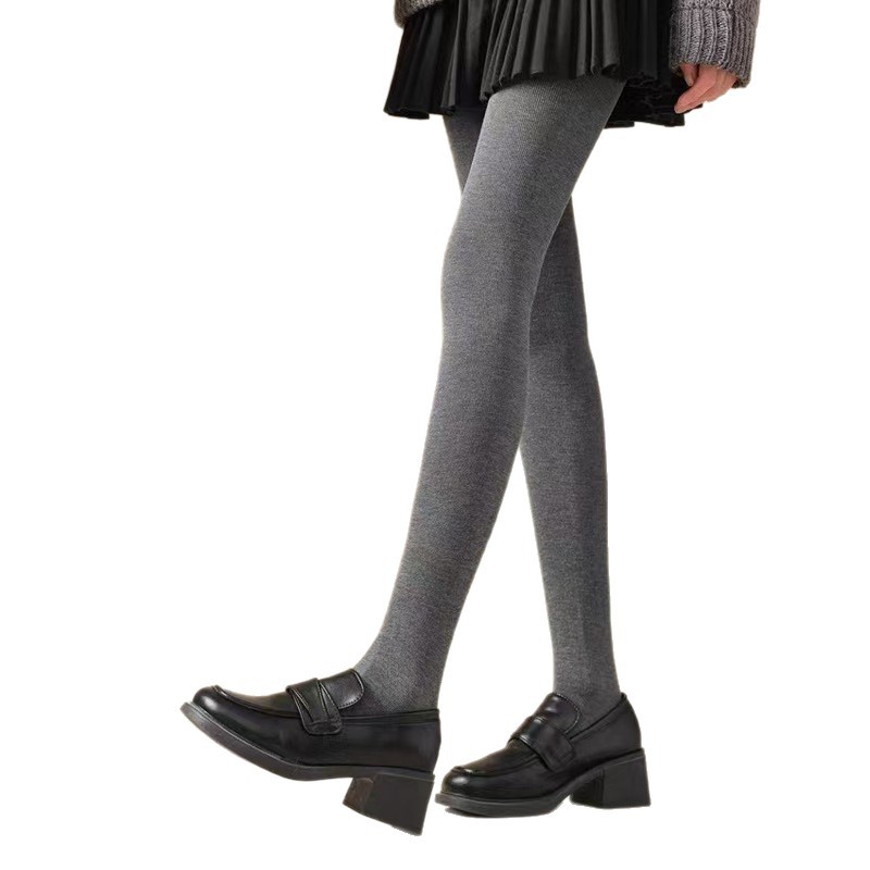 Gray Leggings with Vertical Stripes, Slight Compression, Fleece-Lined, Women's Outerwear Leggings for Autumn and Winter, Thickened, Warm, Butt-Lifting Pantyhose