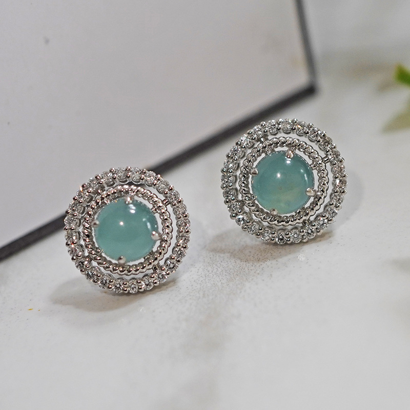 Pt950 Platinum Cultured Diamond Full Diamond Jade Earrings