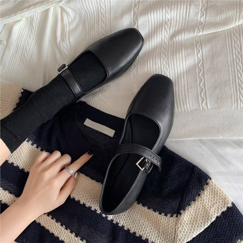 Sheepskin Version ~ French Simple Square Toe Genuine Leather Buckle Strap Flats Mary Jane Shoes Niche Design Black Shoes
