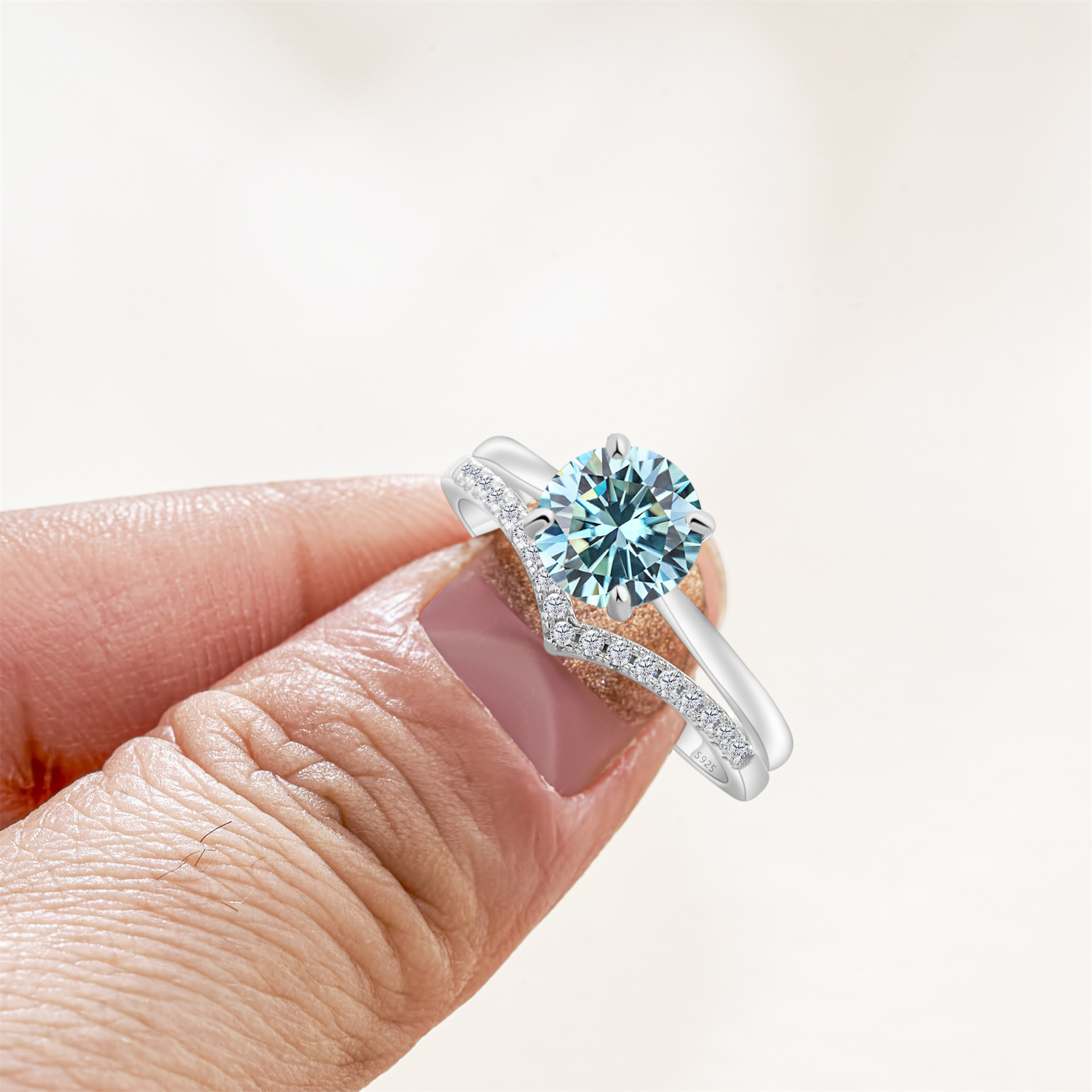 Cross-Border Exclusive S925 Silver Moissanite Set Earrings + Ring with Certificate Sparkling Fire Diamond Cross-Border Hot Sale