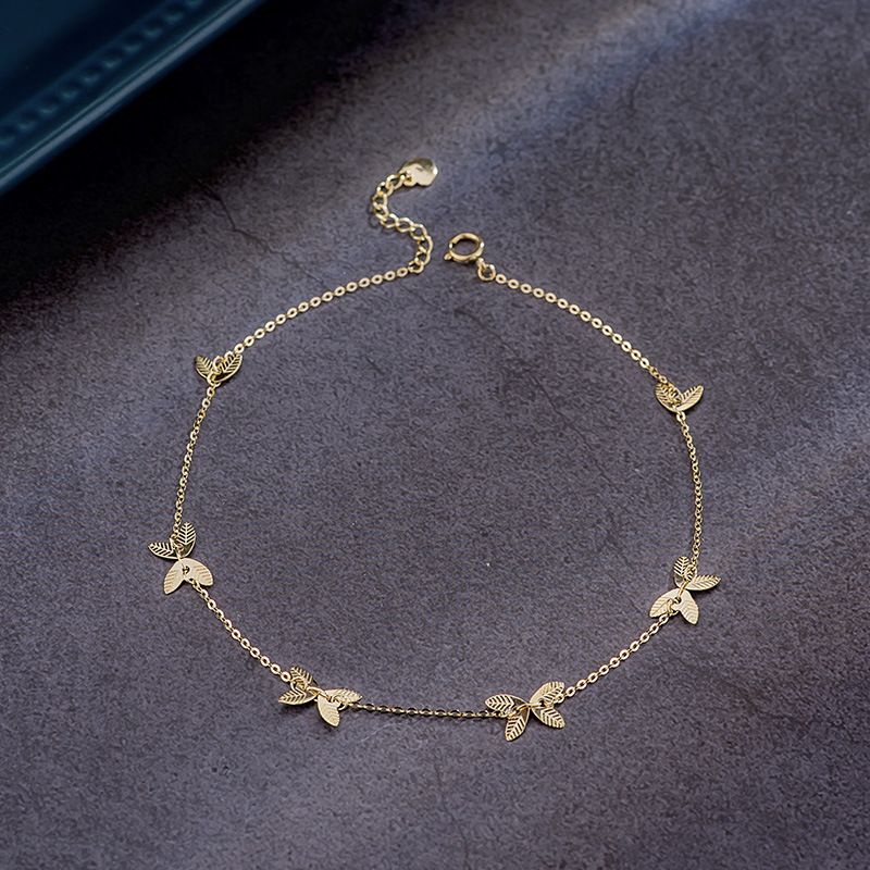 Браслет-анклет из 14K золота, женский, легкая роскошь, простой, глянцевый, двойной лист, бабочка 40314