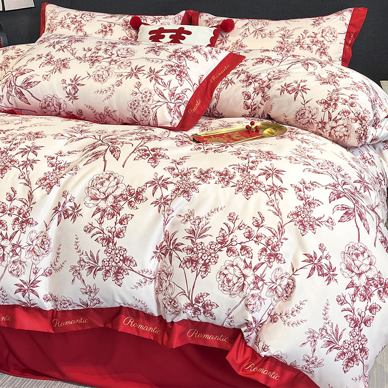 Red Wedding Bed Four-Piece Set, Festive Wedding Quilt Cover, New Wedding Bed Sheetss, Fitted Bed Sheetss, Wedding Light Luxury Classy Bedding