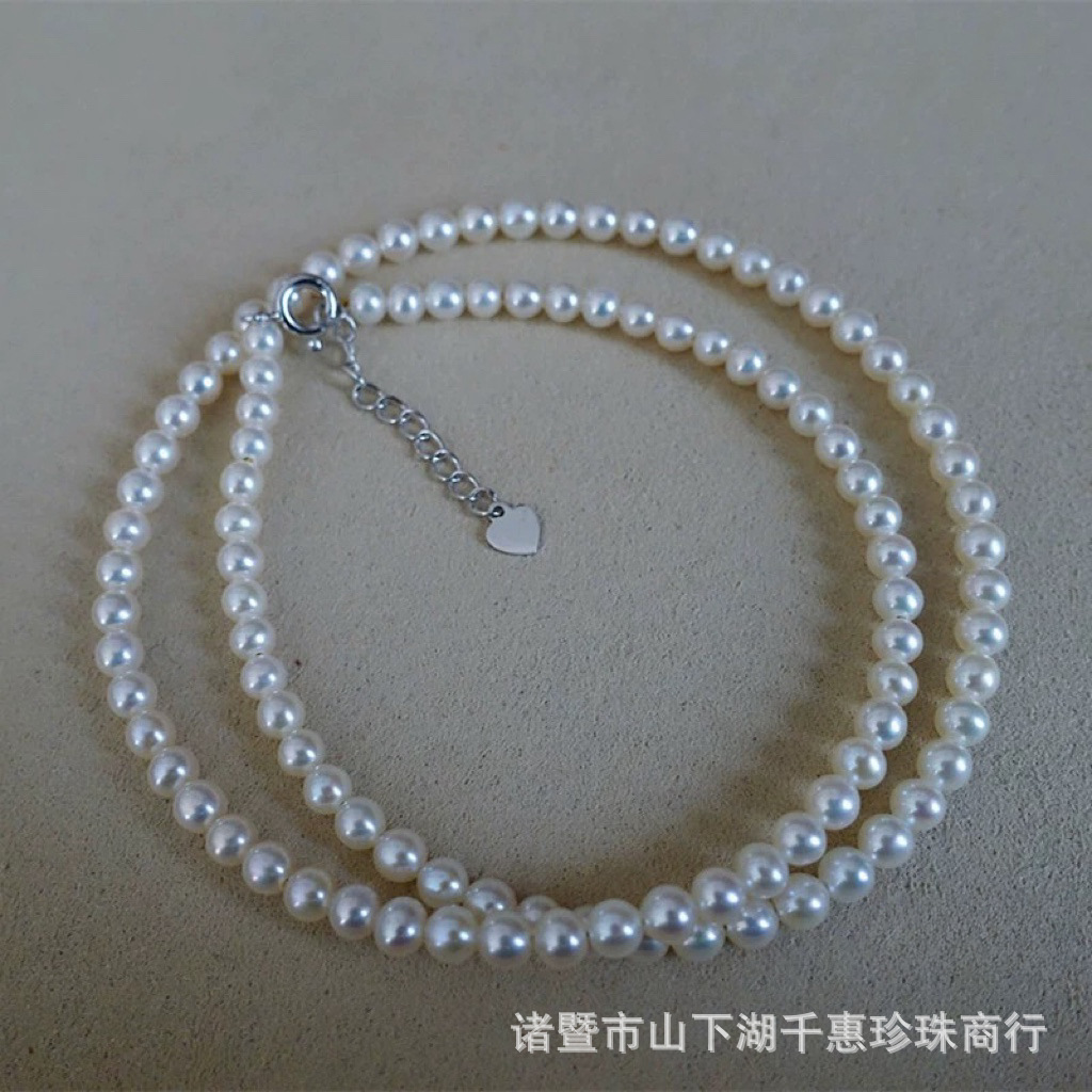 Zhuji Natural Freshwater Pearl 3-4mm Necklace S925 Silver Extremely Strong Light Millet Chain baby Chain Semi-finished Product Diy