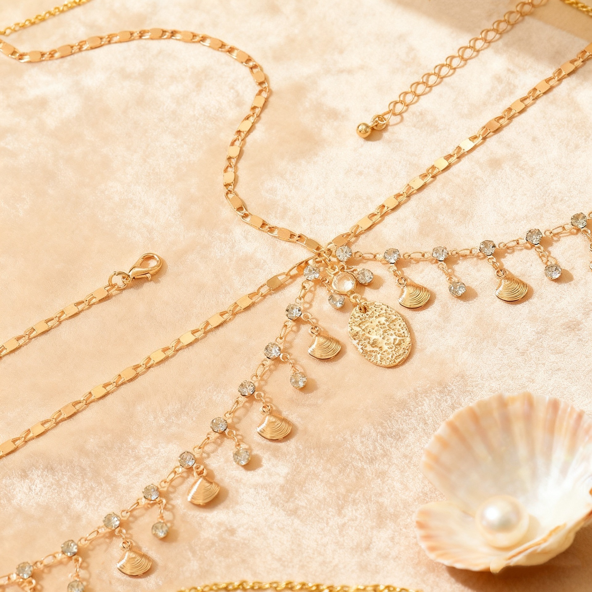 European and American Cross-Border Exotic Diamond Scallop Multi-Layer Tassel Hair Accessories for Women Geometric Chain Scallop Forehead Headband