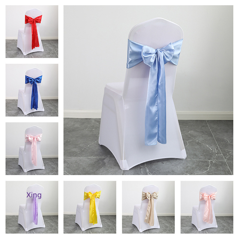 Hotel Nordic Manufacturer Wedding Banquet Chair Covers with Back Flower Bow Silk Scarf Chair Back Floral Satin Ribbon