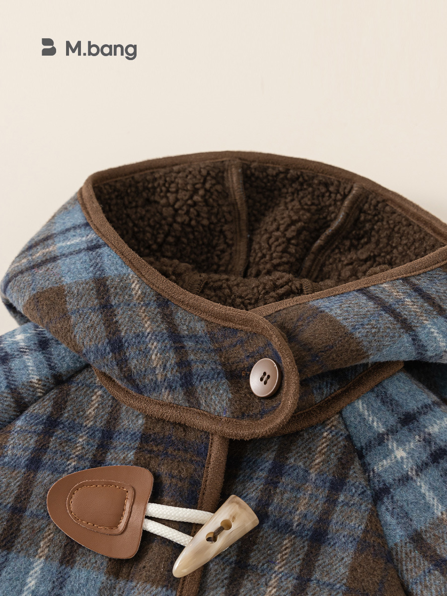 Bangxuan New Winter Children's Mid-Length Warm Plaid Clothing for Babies, Boys' Hooded Jacket, Girls' Woolen Coat