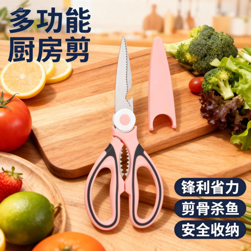 Multifunctional Stainless Steel Kitchen Scissors, Thickened Household Pink Cat Scissors, Powerful Chicken Bone Scissors, Food Scissors