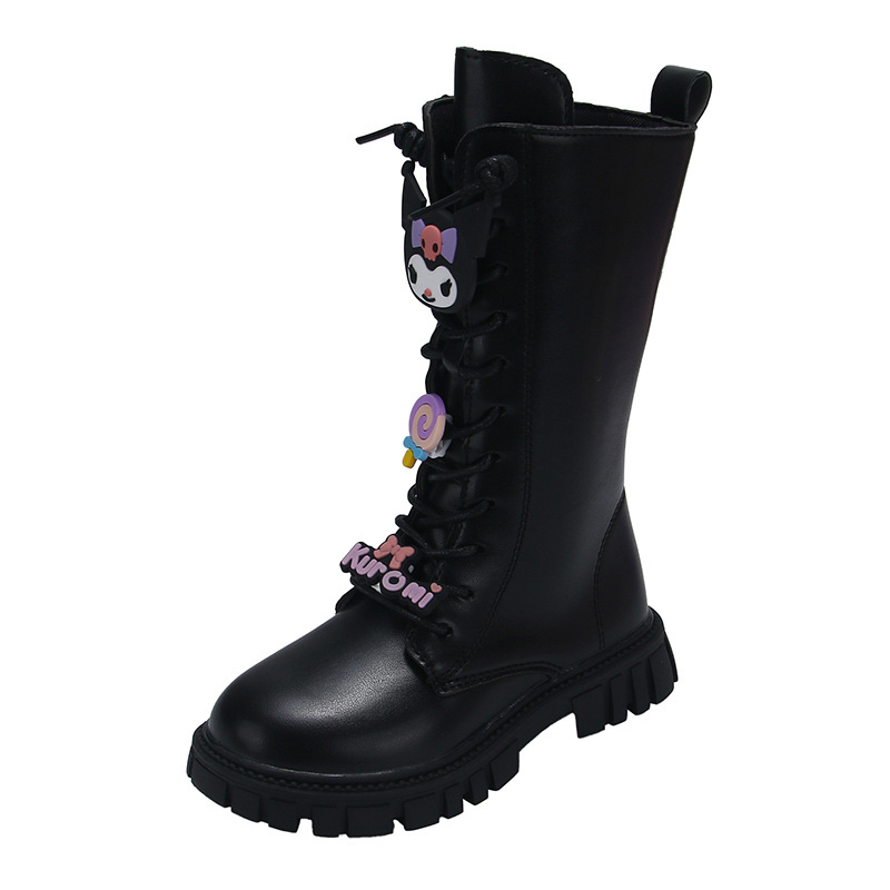 Girls' Kuromi Boots Autumn and Winter 2025 New Boots Fleece-Lined Boots Kidsren's High Boots Princess Leather Boots