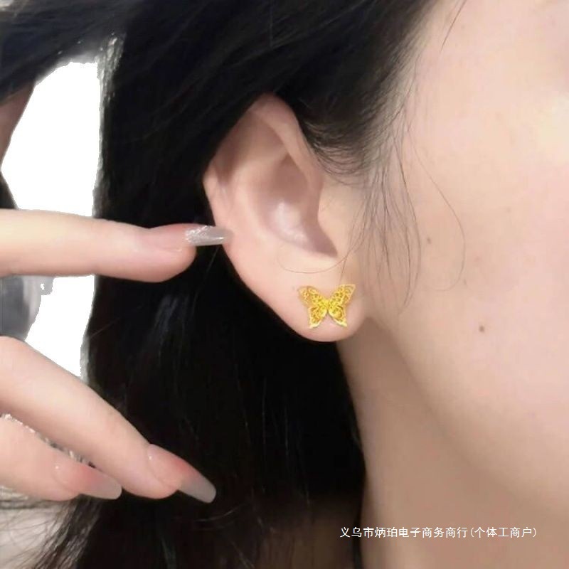 Authentic 9999 Pure Gold Lace Butterfly Earrings for Women 2024 New Gold Double-Layer Cut Out Filigree Butterfly Bingpo