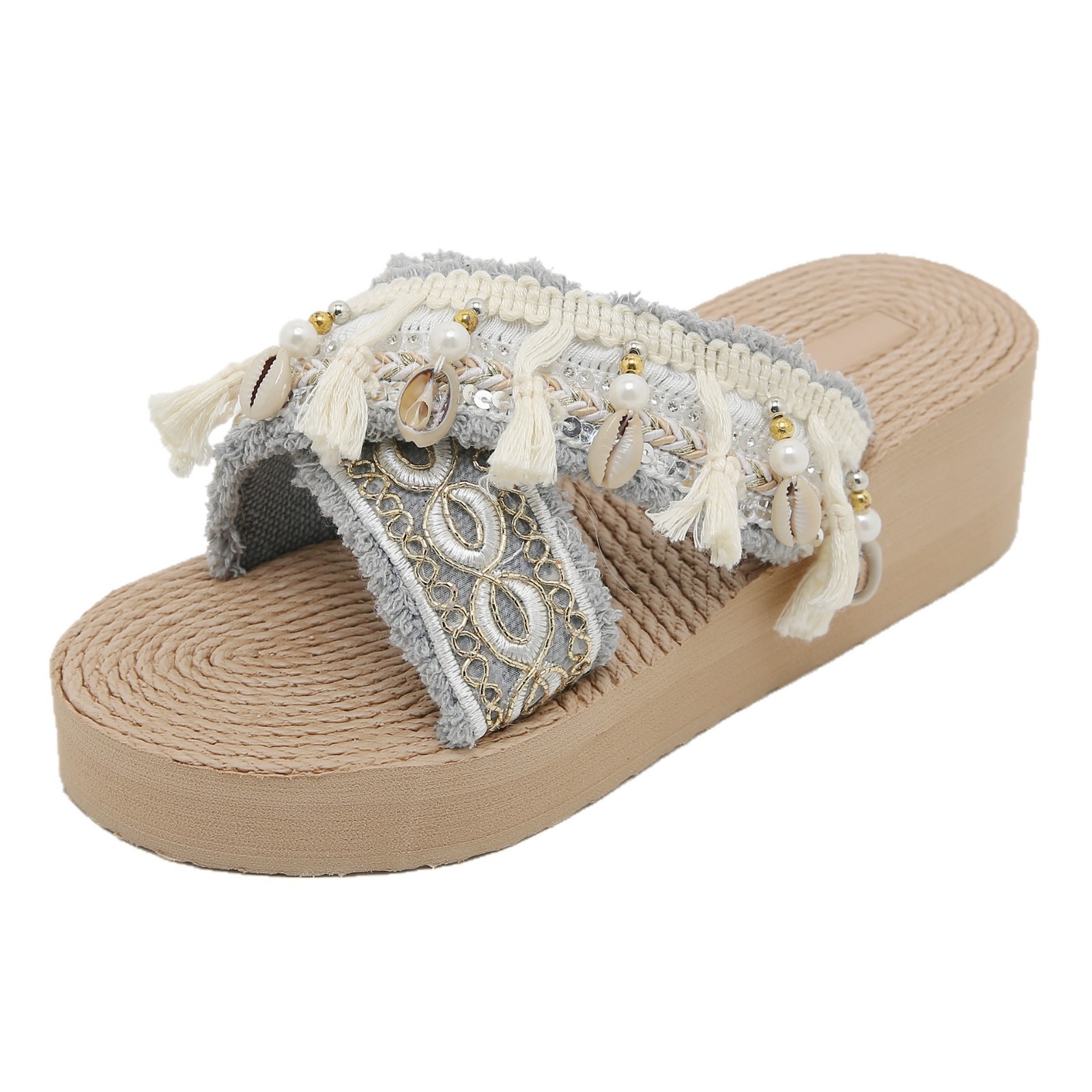 Ethnic Style Thick-Soled Sandals for Women Summer New Style Handmade Beaded Shell Tassel Wedge Slippers Retro Embroidered Outer Shoes