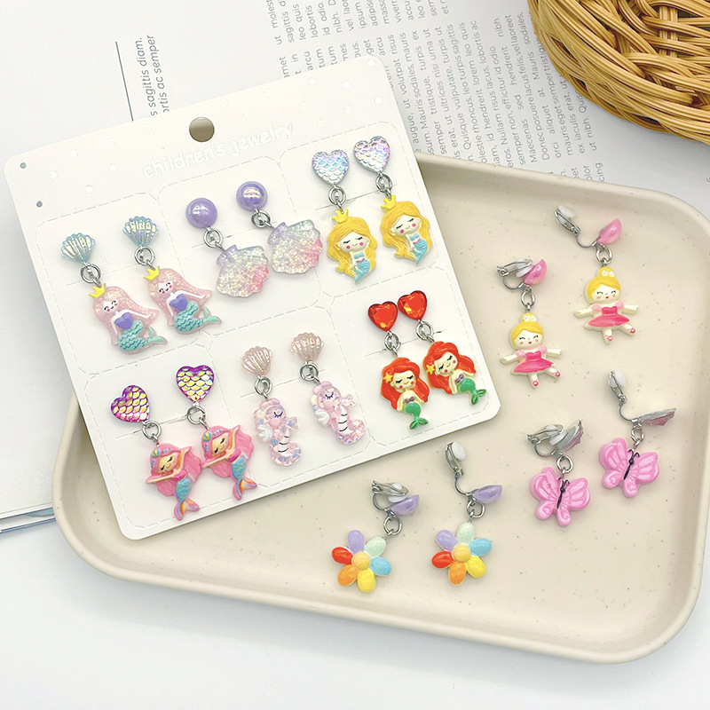 [Can] Cross-Border Best-Selling Kidsren's Cartoon Long Anti-Pain Ear Clips Six Pairs Set Little Girl Gift Earrings