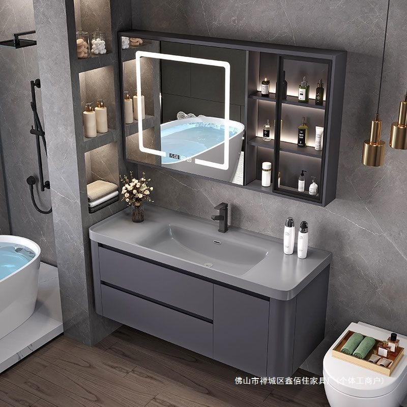 Легкая роскошь простой шкаф для ванной из массива дерева с интегрированной нано-умной раковиной