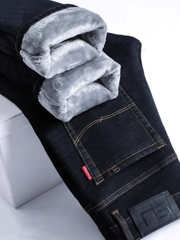 Fleece-lined thick jeans men's winter New straight loose autumn and winter casual stretch long pants men's