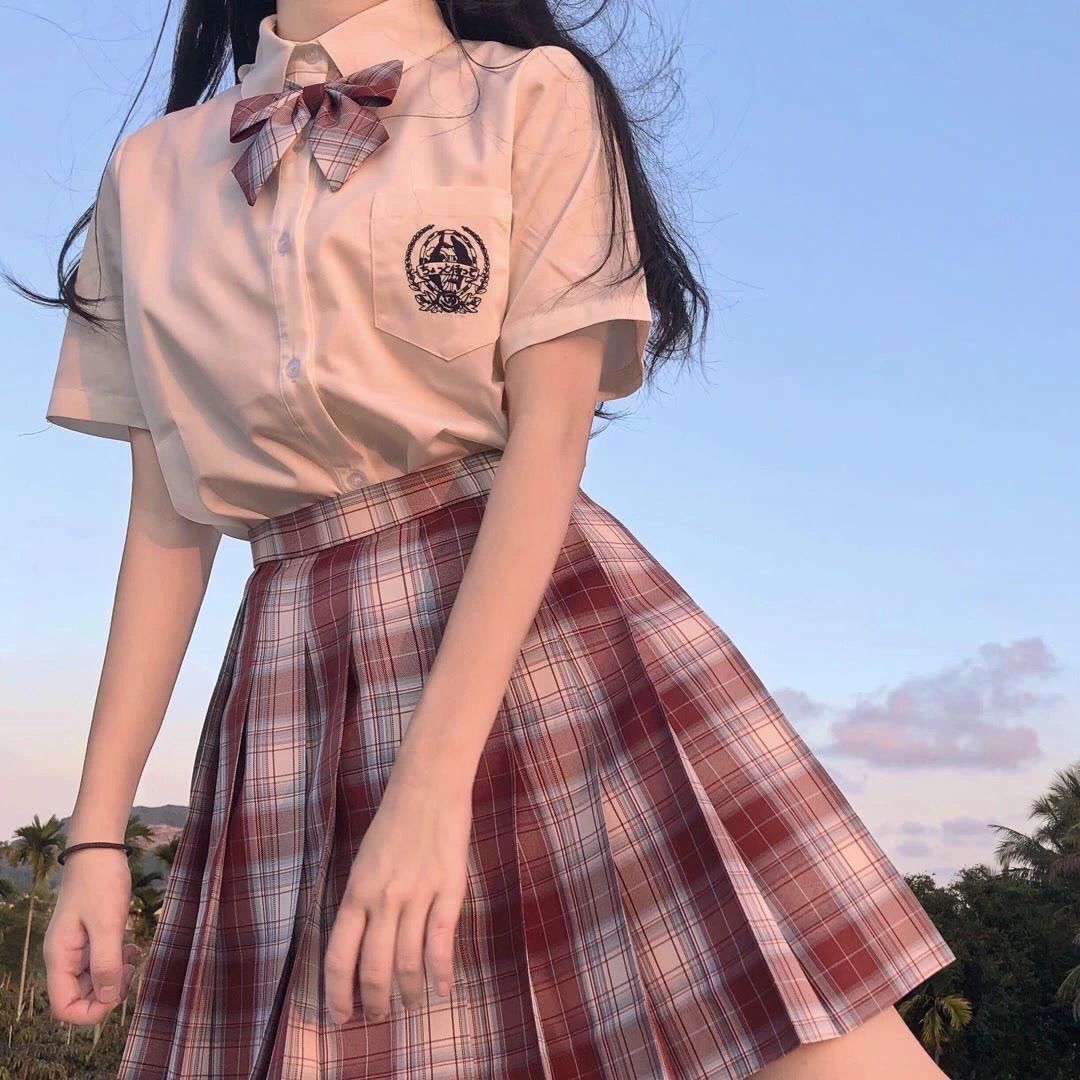 Japanese jk Plaid Skirt Junior jk Uniform Spring and Summer Full Embroidered Shirt Gentle One-Knife Sailor Dress Pleated Skirt