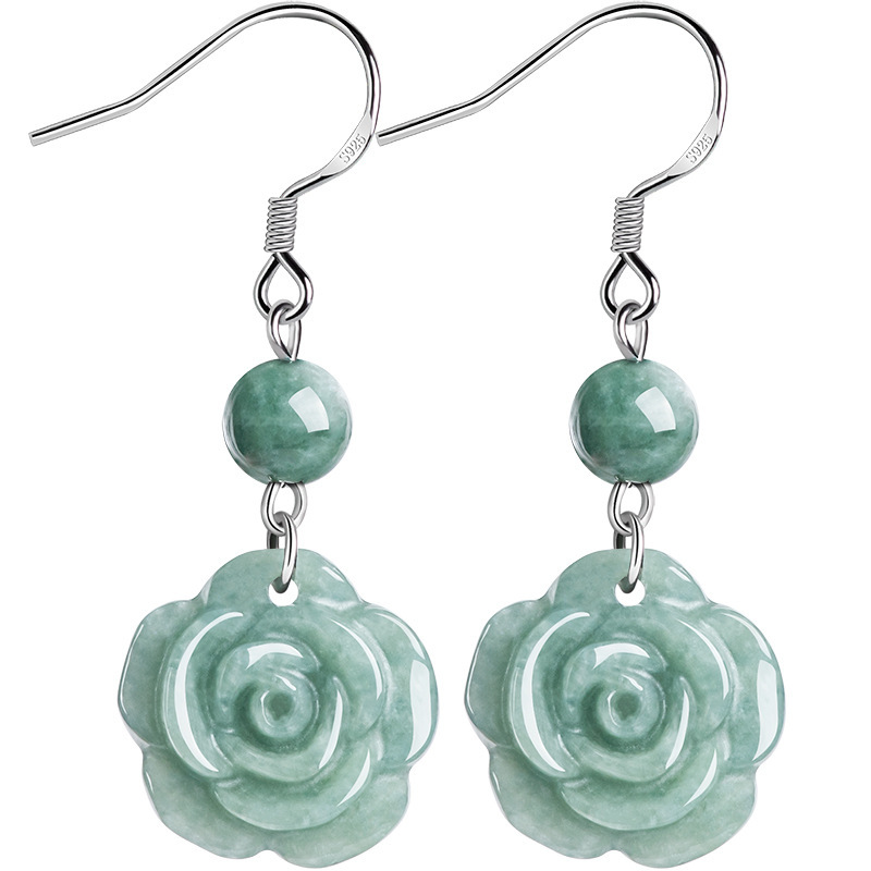 Authentic Natural A-Grade Jadeite Bean Green Rose Earrings S925 Silver Ice Jade Fashion Women's Earrings Earrings