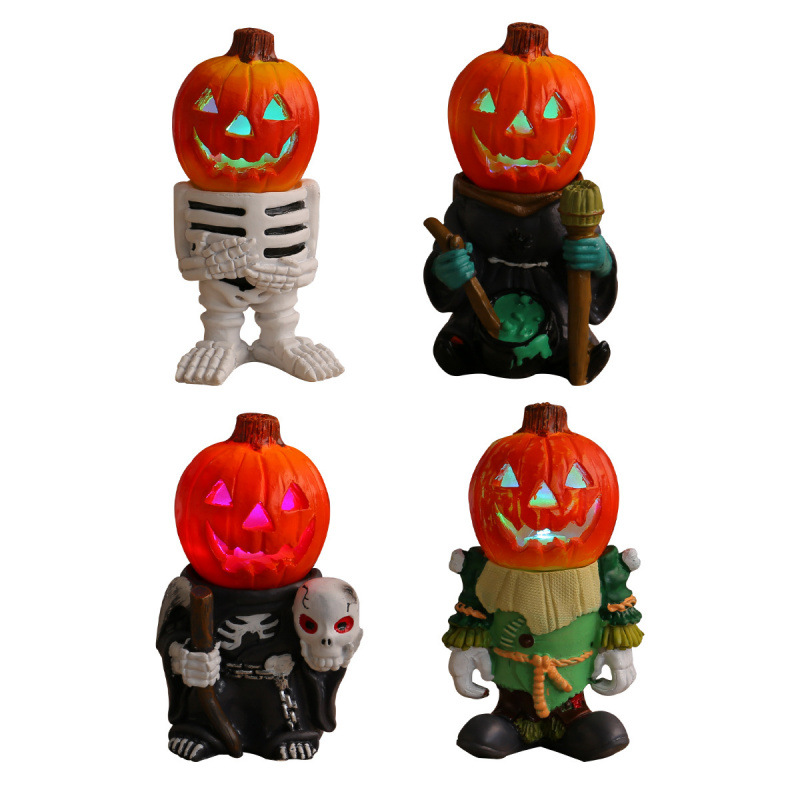 Halloween Led Light Pumpkin Knight Desktop Ornaments Decorative Luminous Small Pumpkin Head Ghost Resin Courtyard Decoration