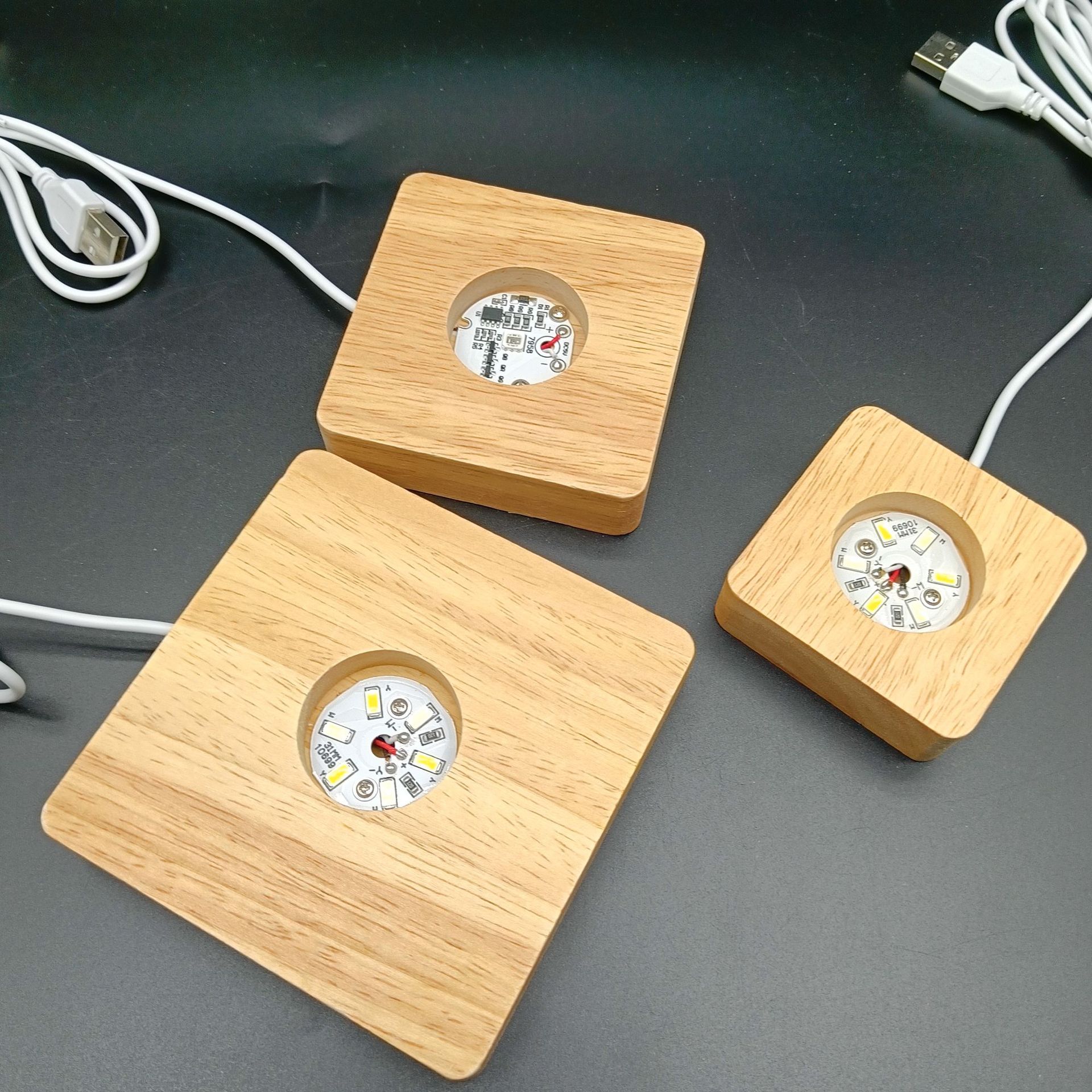 Led Wooden Base DIY Creative Crafts Ornaments Acrylic Night Light Round Square Luminous Wooden Lamp