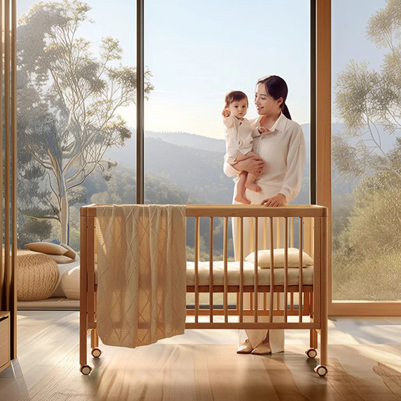 Beech Crib Splicing Bed Movable Crib Solid Wood Multifunctional Newborn Baby Bed Adjustable Children's Bed