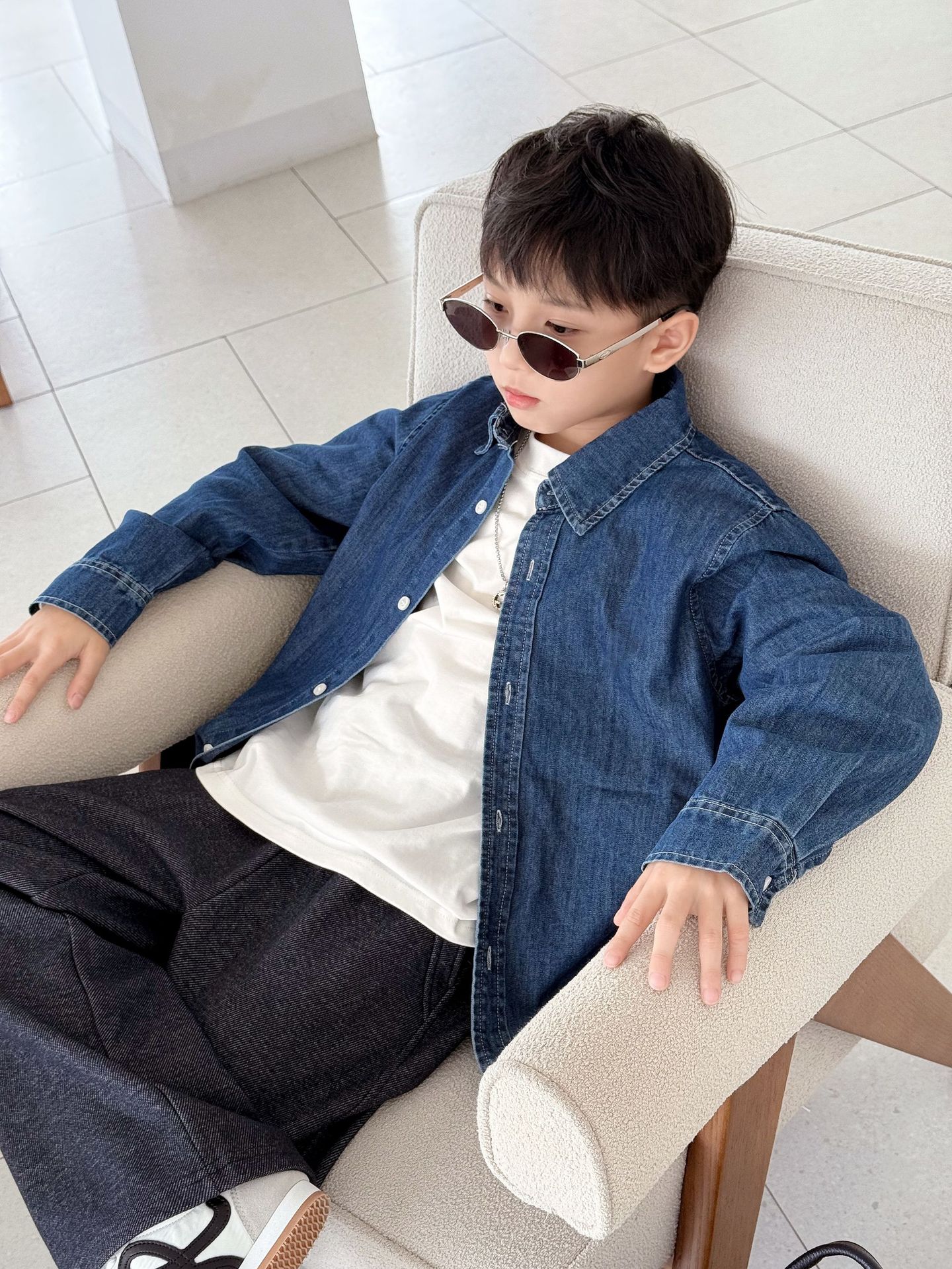 Dear Babys 25 Boys Pony Embroidered Retro Denim Shirt + Embroidered Straight Knitted Jeans]