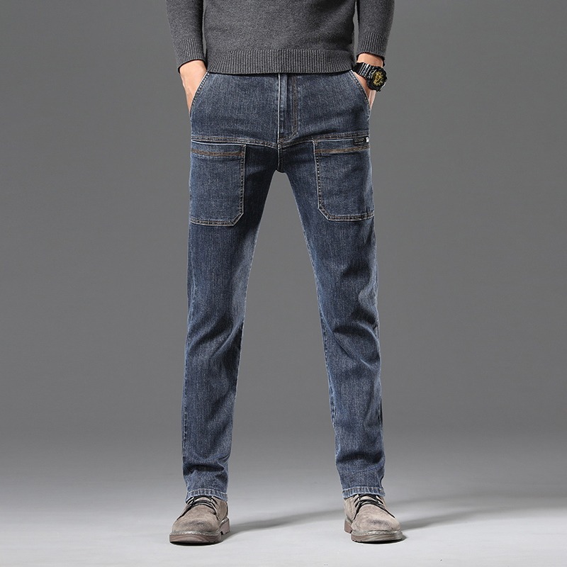 Autumn Thickened fleece-lined Stretch Jeans Men's Loose All-match Casual Straight Six-pocket Overalls Wear-resistant Work Pants