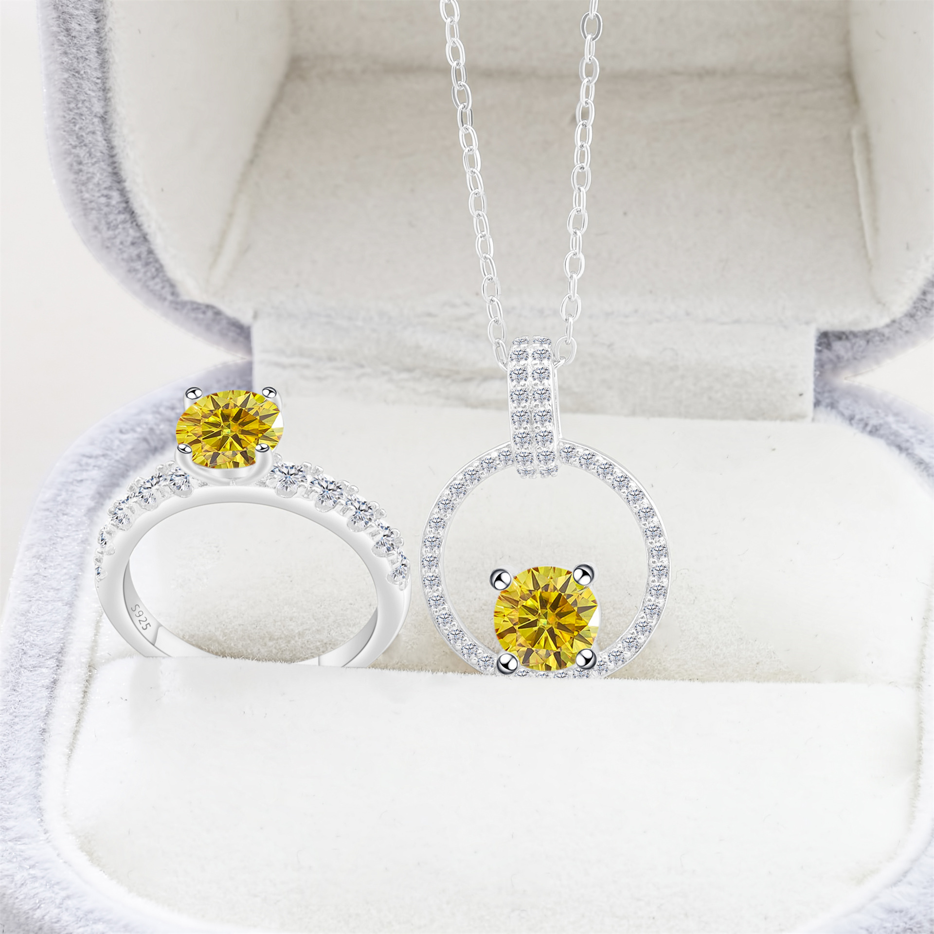 Cross-Border Exclusive S925 Silver Moissanite Necklace + Ring with Certificate, Sparkling Fire-Colored Diamond, Cross-Border Hot Sale