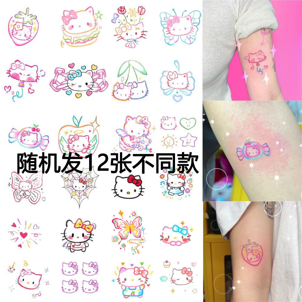 Line Cat Cartoon Cute Tattoo Sticker Internet Popular Hello Kitty Colorful Simple Finger Wrist Tattoo Sticker