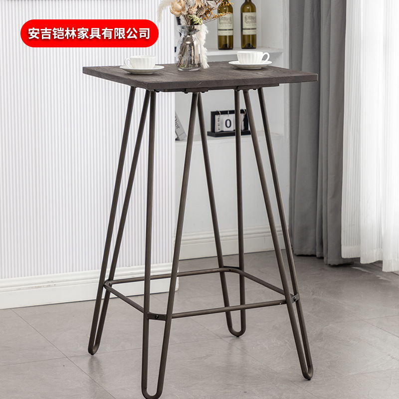Factory Wrought Iron Table, Industrial Style Restaurant Metal Wrought Iron Bar High Stool Table, Solid Wood, Suitable for the Middle East, Light Luxury