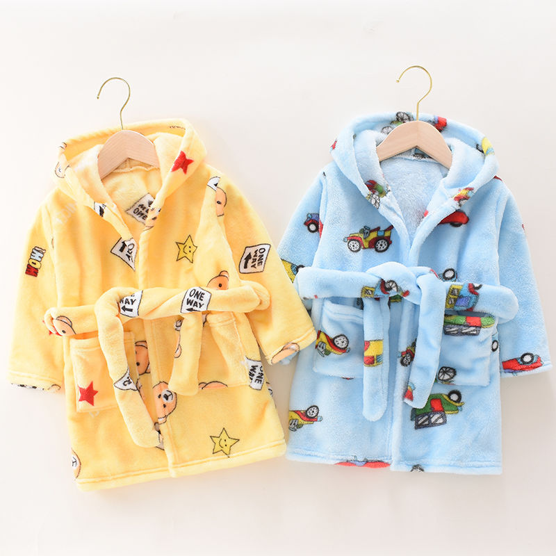 Children's Bathrobe Pajamas, Winter Flannel Thickened and Lengthened Sleepwear, Home Wear for Young and Middle-Aged Children, Hooded Coral Fleece Loungewear
