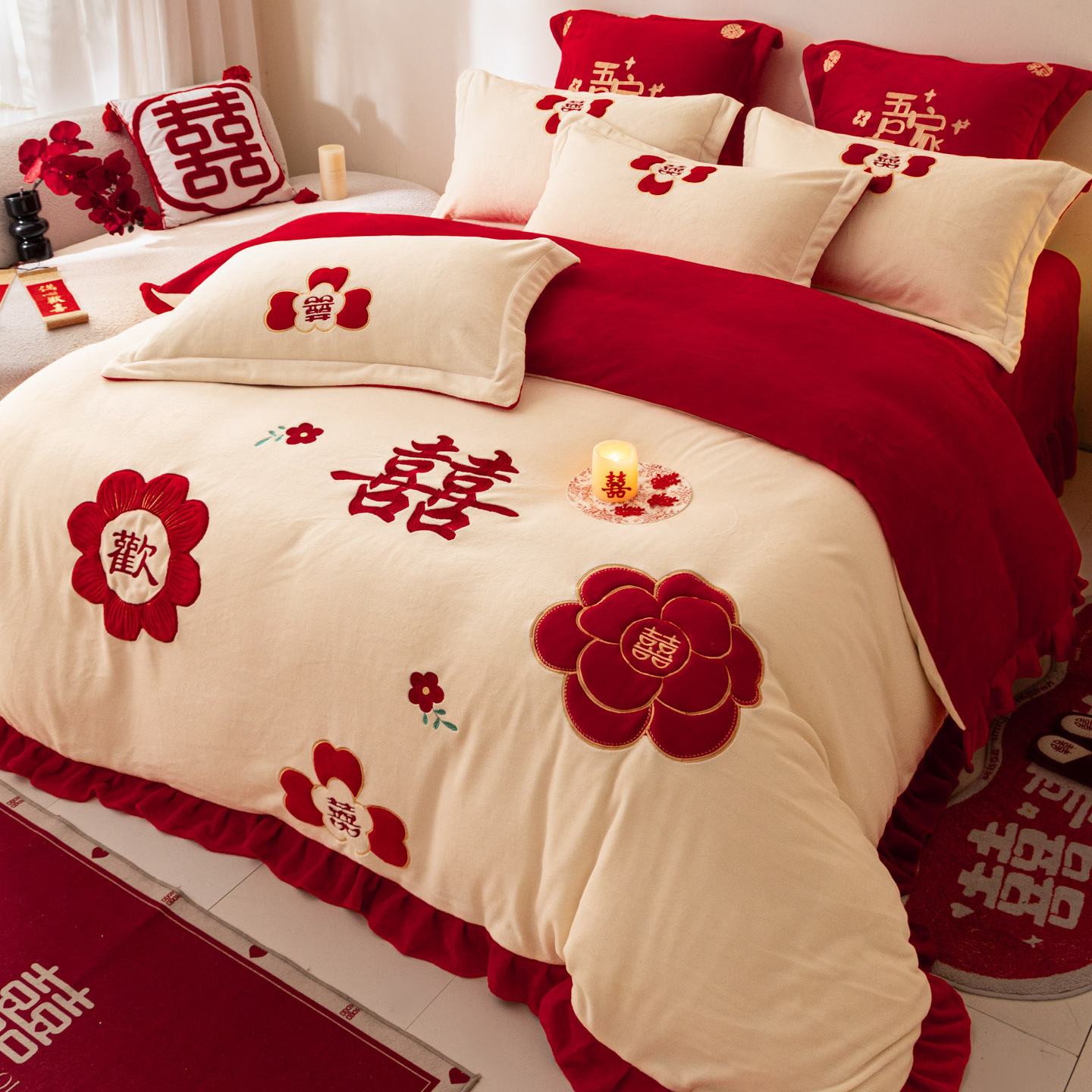 Комплект из четырех предметов для новобрачных, молочный бархат, двустороннее покрывало для зимы, коралловое бархатное постельное белье, красное свадебное покрывало, приданое